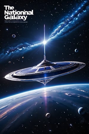  magazine cover, fake magazine cover, cover, fake cover, price, cover page, text focus, barcode, content rating, dated, The title at the top reads "National Galaxy," on sc-fi letters, space, spaceship, nebula, stars, high resolution, 4k, best cinematography, high quality, starry,Starship,perfect symmetry,16k