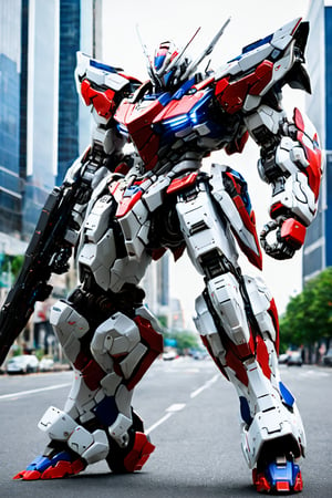 (masterpiece, best quality), humanoid Mecha, fully enclosed shoulder guards, matching arm and leg guards, full body, full armor, the design balances heavy with agility, (the color scheme is primarily white with red and blue accents, the concept Inspired by Super robot, organic biotech armor, standing, floating high above the futuristic sci-fi city), exquisite and mature art style, (aura effect, energy, glowing eyes, the armor glows), metallic, dramatic, high definition, highres, ultra-detailed, ultra-fine painting, professional, perfect body proportions, anatomically correct, symmetrical face, extremely detailed eyes and face, high quality eyes, creativity, RAW photo, UHD, 32k, Natural light, cinematic lighting, masterpiece-anatomy-perfect