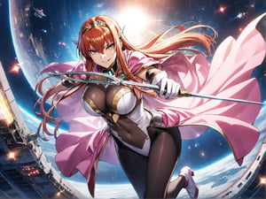 1girl, Maya Cordelia, solo, masterpiece, solo, tiara, official art, holding rapier, rapier, looking at viewer, v-shaped eyebrows, evil smile, see-through impossible bodysuit, wrist cuffs, elbow gloves, black pantyhose, pink cape, outer_space, space station, ships ,glitter