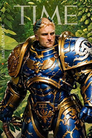 time magazine,Knight armor,wearing laurel,roboute,roboute face, garden,