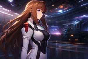 (masterpiece),(best quality),(ultra-detailed),(best illustration),(best shadow),(absurdres),(detailed background),(very aesthetic),  indoors, spaceship, sci-fi background, elhaym_van_houten, 1girl, solo, long hair, brown hair, purple eyes, originaloutfit, uniform, 