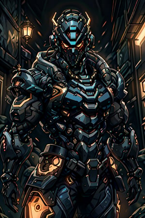 In a dimly lit, smoky-filled alleyway, a sylphlike masculine cyborg soldier stands proudly, his gaze fixed directly at the viewer. He's clad in a sleek, tactical armored leather trench coat with built-in exoskeleton, adorned with intricate engravings that shimmer under the soft lighting. The coat's open front reveals a form-fitted armor plated under suit with waist cutouts, showcasing his toned and cybernetic arms. His mechanical head helmet features narrow orange eyes, adding to the overall mecha aesthetic. Brass metal armor and brown leather accents highlight his slim yet heavily muscled physique, as he poses confidently, his super detailed, high-quality 8K image radiating a sense of cinematic grandeur.