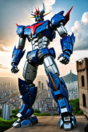 Majinga style, 70s anime, giant mecha, Great Mazinger, intrinsic details,  mechanical joints, realistic, outdoors, 4k, dynamic pose, extremely detailed, metallic texture,  glowing eyes, full body, highly detailed, masterpiece, best quality, masterpiece, highly detailed, ultra-detailed,(blue sky:1.1), cloud, holding_weapon, a (((mecha))) with sleek and menacing design, (mecha armor:1.5),glowing ,heroic parts, mechanical parts, (long legs:1.5),robot joints,(huge shield:1.2),(battle-ready:1.2),(powerful stance:1.3),(Detailed eye description:1.2),(huge mechanical weapon:1.3),(detailed armor description:1.2),(detailed shield description:1.2),(detailed weapon description:1.2),(holding sword :1.3) BREAK building, glowing_eyes, science_fiction, city, realistic, fortress of science, 