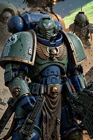 A 4K masterpiece captures an Astartes warrior standing proudly on a desolate alien planet, wearing a battered Primaris helmet, green armor, and silver skull armor. The knight's shoulder armor is adorned with intricate designs, and he holds his bolter in battle stance, his full-body armor worn and rusty from countless battles against the enemies of humanity. The sky above is a deep shade of indigo, with an otherworldly landscape stretching out to the horizon.