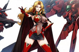 masterpiece, best quality, 1girl, AliciaViewstream, solo, general, official art, standing, contrapposto, looking at viewer, v-shaped eyebrows, outstretched arm, hand on own hip, side view, red lips, v-shaped eyebrows, see-through impossible bodysuit, alicia's thigh boots, alicia's gauntlets, high collar cape, white background, military base, mechas, day, official art, draw by mochizuki kei, AliciaViewstream, 