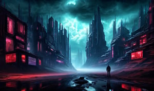  scifi city scene, futuristic buildings, robot giant, trees, spaceships, waterfalls, cloudy skies dark, fantasy art, cinematic, dramatic, blue sky,clouds, 4k, cyberpunk, streets,