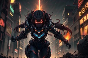  masterpiece,best quality: 1.2),(ultra-detailed face),(no headgear),Her armor glows red as the neon city lights dance across its mechanical surface. Intricate cybernetics empower her movement with inhuman speed and strength. She strides silently through theLower Sectors, the alleyways bathed in the crimson radiance of her futuristic suit. In her grip is an energized longsword, its edges humming with plasma, ready to dispense justice. She is the guardian that watches over this city, though few know her name. Criminals whisper rumors of the Crimson Knight, a cybernetically enhanced warrior sworn to protect the innocent. They speak of her inhuman reflexes and her blazing sword that cuts through any defense. How she appears from the shadows, a blur of red bringing swift judgment. Tonight her sensors have de(tected injustice brewing once more in these lawless streets. As the city sleeps, she alone stands vigilant, a silent sentinel keeping watch. Her cybernetic systems begin to target threats as she prepares to fight for those who cannot defend themselves. The Crimson Knight is ready, and justice will be dealt swiftly tonight.,HXARMOUR,Details++