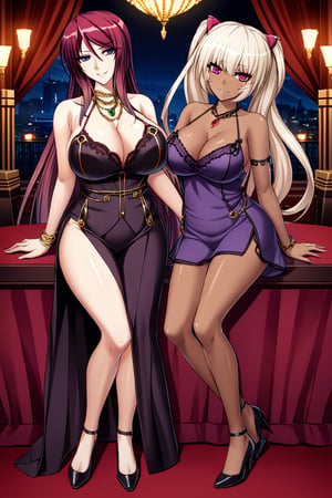 BeatriceKushan, KilaKushan, 2girls,side-by-side, very detailed eyes, party dress, female dress, bare shoulders, sleeveles, bare shoulders, short skirt, jewelery, high heels, pink hairclip, table, indoors, ballroom, luxury interiors, windows, height difference, dark-skinned female, looking at viewer, smile, masterpiece, best quality, very aesthetic,  Create depth with atmospheric lighting,wide wide shot,detail,（Hyper-detailing),（Complicated details),（High resolution CGI artwork 8k), night,cuddling,gold chain,jewelry,purple dress,cleavage,score_8_up,score_7_up,gem,side slit