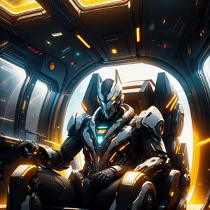 Interior shot of a crew of black mercenaries wearing futuristic armour holding futuristic guns, sitting in a futuristic spaceship, futuristic spaceship flying in space, yellow sunlight shining into the spaceship providing a dark yellow cinematic colour grading, sci-fi movie scene, ridley scott sci-fi movie, Denise villeneuve scifi movie, 32k, ultra HD, unreal engine rendered 