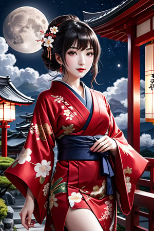  8k uhd, 1girl, perfect skin, detailed clothes, perfect eyes, 1girl, solo, lipstick, make up ,curvy, lipstick,kimono,score_7_up,score_8_up, red kimono, japanese temple, outdoors, night, clouds, moon,floral print,obijime,tabi,sandals,score_9,ruanyi0712,wide sleeves,  long hair,Igawa Asagi