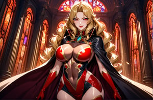 (masterpiece, best quality, ultra detailed, absurdres)1.5, 1girl, (sexy, beautiful woman, perfect face, perfect eyes, perfect female body)1.5, (, wavy hair, long hair, blonde hair, red eyes, mature female, milf, v-shaped eyebrows, red lips, extremely detailed clothes, smile, red elbow gloves, red thigh boots, red-black cape, red impossible clothes,very detailed, depth of fields。Create depth with atmospheric lighting,wide wide shot,detail,（Hyper-detailing）,（Complicated details),（High resolution CGI artwork 8k), palace, luxury, night, sci fi indoors,  windows, stained glass, soldiers, night,AliciaViewstream,Expressiveh,glitter