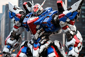 (masterpiece, best quality), humanoid Mecha, fully enclosed shoulder guards, matching arm and leg guards, full body, full armor, the design balances heavy with agility, (the color scheme is primarily white with red and blue accents, the concept Inspired by Super robot, organic biotech armor, standing, floating high above the futuristic sci-fi city), exquisite and mature art style, (aura effect, energy, glowing eyes, the armor glows), metallic, dramatic, high definition, highres, ultra-detailed, ultra-fine painting, professional, perfect body proportions, anatomically correct, symmetrical face, extremely detailed eyes and face, high quality eyes, creativity, RAW photo, UHD, 32k, Natural light, cinematic lighting, masterpiece-anatomy-perfect