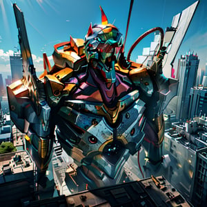 (best quality, 4k, highres, ultra-detailed, realistic:1.37), HDR, bright lighting, vibrant colors, massive machinery, enormous humanoid robot, breathtaking view from the top of a building, intricate cable network attached to the back, bustling city of Tokyo, meticulous attention to detail, lifelike rendering of the organic body, slender figure, metallic armor shining on top.