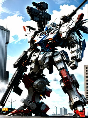 (armored core mecha), (RRS:1.5),  (HRS:1.5), best quality, masterpiece, highly detailed, ultra-detailed,(blue sky:1.1), black clouds, holding weapon, a (((mecha))) with sleek and menacing design, (mecha armor:1.5),glowing ,eyes, soldiers, mechanical parts, (long legs:1.5),robot joints,(battle-ready:1.2),(powerful stance:1.3),(Detailed eye description:1.2),(huge mechanical weapon:1.3),(detailed armor description:1.2),(detailed shield description:1.2),(detailed weapon description:1.2),(huge mechanical gun:1.2),(holding gun and weapon :1.3) BREAK building, glowing_eyes, science_fiction, city, realistic,