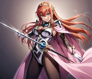 1girl, Maya Cordelia, solo, masterpiece, solo, tiara, official art, holding rapier, rapier, looking at viewer, v-shaped eyebrows, evil smile, see-through impossible bodysuit, wrist cuffs, elbow gloves, black pantyhose, pink cape, gradient background, simple background, ,glitter