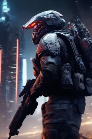 4k,soldier, skull helmet, futuristic soldier, special forces, helghast, space marine, detailed, intrincate details, cyborg, cyberpunk vibes,Cyber Black Robot, dystopic ambient,background,night city ,tank, armored vehicle, 