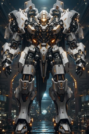 Ultra detailed 8K CG masterpiece,FuturEvoLabMecha, armored core mecha standing, bright eyes, camouflage pattern, mechanical joints, Create depth with atmospheric lighting,wide wide shot。Use atmospheric and volumetric lighting to enhance details, Ultra Detailed 8K CG, ultra high res, High quality texture, High quality shadows, indoors, hangar, mechanics, close up,