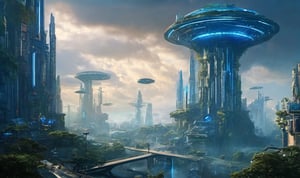  scifi city scene, futuristic buildings, robot giant, trees, spaceships, waterfalls, cloudy skies dark, fantasy art, cinematic, dramatic, blue sky,clouds, 4k, cyberpunk, streets,night city
