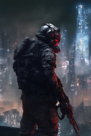 soldier, gas mask, jinroh special forces, helghast, Dark Hood cyborg Power Nightcity Cyber Black Robot Mecha Evil robot,background,night city ,background,night city