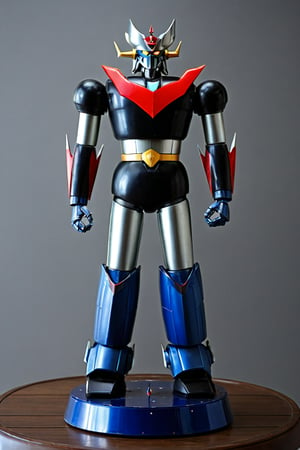 Majinga style, 70s anime, giant mecha, Great Mazinger, intrinsic details,  mechanical joints, realistic, outdoors, 4k, dynamic pose, extremely detailed, metallic texture,  glowing eyes, full body, highly detailed,  bedroom, table, toys, masterpiece,Figure