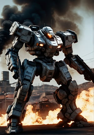 In a gritty, cyberpunk world, a lone cyborg policeman stands tall in a worn-out mech suit, his skull-like face a testament to his mechanical presence. Soft lighting casts an eerie glow on the battlefield, where fires rage and soldiers clash. The camera captures a dynamic pose, showcasing the Armored Core mecha's intricate steel metal details amidst the chaos. Dennis Villeneuve's cinematography masterfully blends photorealistic textures with vibrant colors, set against a highly detailed background of smoke and flames. Unreal Engine 1.4 brings this masterpiece to life, with particle effects, ray tracing, and tone mapping creating an immersive experience.