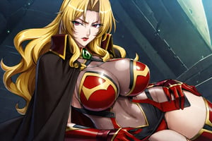 masterpiece, best quality, 1girl, perfect face, perfect eyes,AliciaViewstream, solo, general, official art,  looking at viewer, v-shaped eyebrows, red lips, see-through impossible bodysuit, alicia's thigh boots, alicia's gauntlets, high collar cape,  outer_space, mechas, official art, draw by Kagami, AliciaViewstream, ,Enhanced All