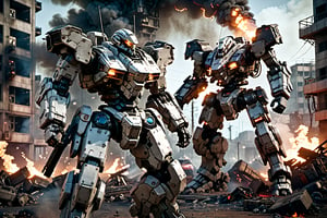 In a gritty, cyberpunk world, a lone cyborg policeman stands tall in a worn-out mech suit, his skull-like face a testament to his mechanical presence. Soft lighting casts an eerie glow on the battlefield, where fires rage and soldiers clash. The camera captures a dynamic pose, showcasing the Armored Core mecha's intricate steel metal details amidst the chaos. Dennis Villeneuve's cinematography masterfully blends photorealistic textures with vibrant colors, set against a highly detailed background of smoke and flames. Unreal Engine 1.4 brings this masterpiece to life, with particle effects, ray tracing, and tone mapping creating an immersive experience.