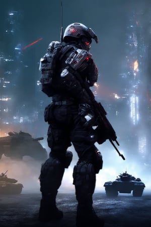 soldier, skull helmet, futuristic soldier,jinroh special forces, helghast, cyborg Power Nightcity Cyber Black Robot, dystopic ambient,background,night city ,tank, armored vehicle,