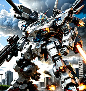 armored core mecha), (RRS:1.5),  (HRS:1.5), best quality, masterpiece, highly detailed, ultra-detailed,(blue sky:1.1), black clouds, holding weapon, a (((mecha))) with sleek and menacing design, (mecha armor:1.5),glowing ,eyes, soldiers, mechanical parts, (long legs:1.5),robot joints,(huge shield:1.2),(battle-ready:1.2),(powerful stance:1.3),(Detailed eye description:1.2),(huge mechanical weapon:1.3),(detailed armor description:1.2),(detailed shield description:1.2),(detailed weapon description:1.2),(huge mechanical gun:1.2),(holding gun and weapon :1.3) BREAK building, glowing_eyes, science_fiction, city, realistic,