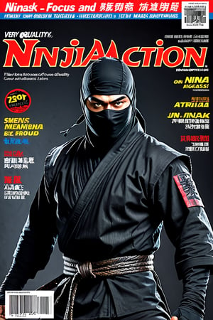  magazine cover, fake magazine cover, cover, fake cover, price, cover page, text focus, barcode, content rating, dated, The title at the top reads "Ninja Action" ,italic letters,on the cover is featuring a proud and badass, ninja, mask, sharp focus, detailed clothes,,masterpiece,cartoon,Ninja, exquisite, absurd, beautiful background, detailed background, (Highest quality:1.5),(Very detailed:1.5),(High resolution:1.5)