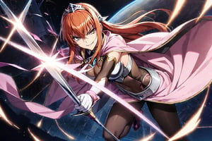 1girl, Maya Cordelia, solo, masterpiece, solo, tiara, official art, holding rapier, rapier, looking at viewer, v-shaped eyebrows, evil smile, see-through impossible bodysuit, wrist cuffs, elbow gloves, black pantyhose, pink cape, outer_space, space station, ships ,glitter