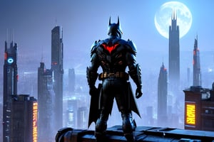 batman cyborg, masterpiece, 4k, walppaper, detailed, cyperpunk, futuristic city, night, moon, roof, neon signs, armored superhero, batman beyond, glowing eyes, batman standing on a roof watching Gotham City,cyberpunk style,MAD-BDYARMR