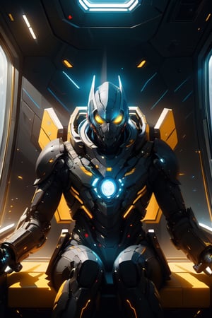 Interior shot of a crew of black mercenaries wearing futuristic armour holding futuristic guns, sitting in a futuristic spaceship, standing, futuristic spaceship flying in space, yellow sunlight shining into the spaceship providing a dark yellow cinematic colour grading, sci-fi movie scene, ridley scott sci-fi movie, Denise villeneuve scifi movie, 32k, ultra HD, unreal engine rendered 