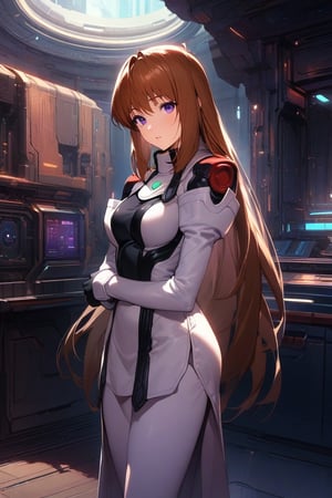 (masterpiece),(best quality),(ultra-detailed),(best illustration),(best shadow),(absurdres),(detailed background),(very aesthetic),  indoors, spaceship, sci-fi background, elhaym_van_houten, 1girl, solo, long hair, brown hair, purple eyes, originaloutfit, uniform, 