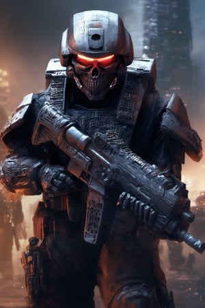 soldier, skull helmet, futuristic soldier, special forces, helghast, space marine, detailed, intrincate details, cyborg Power Nightcity Cyber Black Robot, dystopic ambient,background,night city ,tank, armored vehicle,