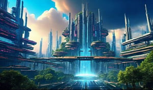  scifi city scene, futuristic buildings, robot giant, trees, spaceships, waterfalls, cloudy skies dark, fantasy art, cinematic, dramatic, blue sky,clouds, 4k, cyberpunk, streets,night city,DonML4zrP0pXL