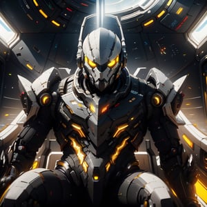 Interior shot of a crew of black mercenaries wearing futuristic armour holding futuristic guns, sitting in a futuristic spaceship, futuristic spaceship flying in space, yellow sunlight shining into the spaceship providing a dark yellow cinematic colour grading, sci-fi movie scene, ridley scott sci-fi movie, Denise villeneuve scifi movie, 32k, ultra HD, unreal engine rendered 