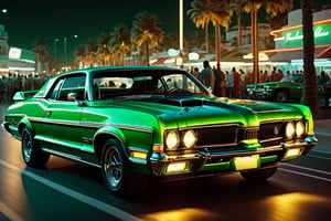 ((ClassicSportsCar )), 80´s sport car, gleaming green, 1970 Mercury El Gato, palm trees, seaside, cityscape, at dawn, neon lights, 4K, highly detailed, (((stylish grainy analog 35mm film photo))),  racing, race track, crowd, ClassicSportsCar, mad-vprw,neon photography style