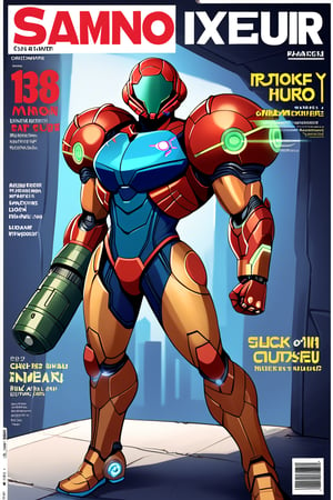  magazine cover, fake magazine cover, cover, fake cover, price, cover page, text focus, barcode, content rating, dated, The title at the top reads "Bounty Hunter Monthly"   bold letters, mechanical details, sharp focus, mechanical joints,score_9,score_8_up,score_7_up,source_anime,samus, 1girl, samus aran, weapon, arm cannon, power suit (metroid), solo, helmet, power armor, power suit,armor, full body,