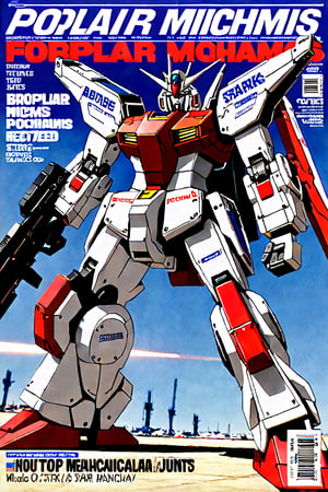  magazine cover, fake magazine cover, cover, fake cover, price, cover page, text focus, barcode, content rating, dated, The title at the top reads "Popular Mechanics"  in stark, bold letters,on the cover is featuring a white blue Gundam on a hangar,机甲, mechanical details, sharp focus, mechanical joints, 