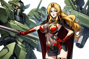 masterpiece, best quality, 1girl, AliciaViewstream, solo, general, official art, standing, contrapposto, looking at viewer, v-shaped eyebrows, outstretched arm, hand on own hip, side view, red lips, v-shaped eyebrows, see-through impossible bodysuit, alicia's thigh boots, alicia's gauntlets, high collar cape, white background, military base, mechas, day, official art, draw by mochizuki kei, AliciaViewstream, 