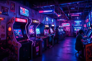  8k uhd,A well-lit arcade room, neon lights, people playing, there is an Outrun arcade, walls decorated with posters of games like Street Fighter, very colorful, arcade machines perfectly aligned.,noc-futuristic,neon_glow