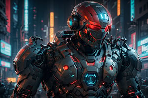 Cyberpunk,(cyberpunk police cyborg,Red:1.1), space, sci-fi type of armor, 8k, Mechanical marvel,Robotic presence,Cybernetic guardian, mech suit, skull face, intricate, elegant, clear focus, armored core mecha, soft lighting, vibrant colors, masterpiece, cowboy shot, dynamic pose, battlefield, fires, night.unreal engine:1.4,HD, Best Quality:1.4, photorealistic:1.4, skin texture:1.4, Masterpiece:1.8,Masterpiece, Best Quality,  particle effects, ray tracing, tone mapping, highly detailed, concept art, smooth, sharp focus, dramatic lighting, highly detailed art, cinematic, hyper-realistic painting, trending on Artstation, 8K, amazing shadows, realistic, battlefield, soldiers, 
 (highly detailed background: 1.2), mid-journey art, multiple mechas,