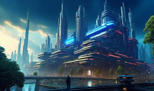  scifi city scene, futuristic buildings, robot giant, trees, spaceships, waterfalls, cloudy skies dark, fantasy art, cinematic, dramatic, blue sky,clouds, 4k, cyberpunk, streets,night , city,DonML4zrP0pXL