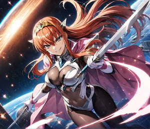 1girl, Maya Cordelia, solo, masterpiece, solo, tiara, official art, holding rapier, rapier, looking at viewer, v-shaped eyebrows, evil smile, see-through impossible bodysuit, wrist cuffs, elbow gloves, black pantyhose, pink cape, outer_space, space station, ships ,glitter