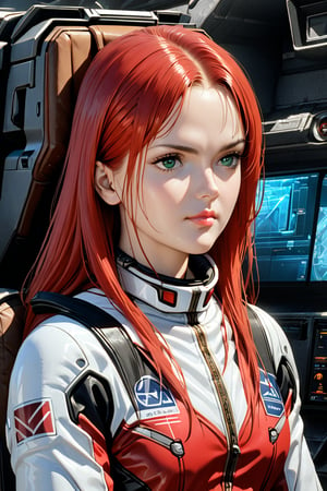  8k uhd, 1girl, perfect skin, detailed clothes, perfect eyes,  (best quality,4K,8K,highres,masterpiece:1.2),ultra-detailed(realistic,photorealistic,photo-realistic:1.37),highly detailed face, highly detailed face, extremely detailed eyes and face, long eyelashes, beautiful detailed eyes, beautiful detailed lips, concept art, cinematic lighting, vibrant colors, hyper-realistic,gundamwingcockpit, monitor, holographic screens, sitting, frowned brows, looking_at_viewer, joystick,seatbelt,G0080CM, red hair, green eyes, long hair, pilot suit, white boots, knee boots,