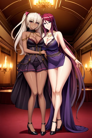 BeatriceKushan, KilaKushan, 2girls,side-by-side, very detailed eyes, party dress, female dress, bare shoulders, sleeveles, bare shoulders, short skirt, jewelery, high heels, pink hairclip, indoors, ballroom, luxury interiors, windows, height difference, dark-skinned female, looking at viewer, smile, masterpiece, best quality, very aesthetic,  Create depth with atmospheric lighting,wide wide shot,detail,（Hyper-detailing),（Complicated details),（High resolution CGI artwork 8k), night,cuddling,gold chain,jewelry,purple dress,cleavage,score_8_up,score_7_up,gem,side slit