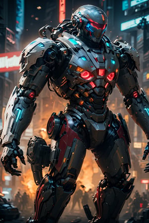 Cyberpunk,(cyberpunk police cyborg,Red:1.1), space, sci-fi type of armor, 8k, Mechanical marvel,Robotic presence,Cybernetic guardian, mech suit, skull face, intricate, elegant, clear focus, armored core mecha, soft lighting, vibrant colors, masterpiece, cowboy shot, dynamic pose, battlefield, fires, night.unreal engine:1.4,HD, Best Quality:1.4, photorealistic:1.4, skin texture:1.4, Masterpiece:1.8,Masterpiece, Best Quality,  particle effects, ray tracing, tone mapping, highly detailed, concept art, smooth, sharp focus, dramatic lighting, highly detailed art, cinematic, hyper-realistic painting, trending on Artstation, 8K, amazing shadows, realistic, battlefield, soldiers, 
 (highly detailed background: 1.2), mid-journey art, multiple mechas,