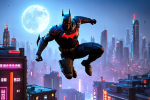 batman cyborg, masterpiece, 4k, walppaper, detailed, cyperpunk, futuristic city, night, moon, roof, neon signs, armored superhero, batman beyond, glowing eyes, batman jumping on the air, City,cyberpunk style,MAD-BDYARMR