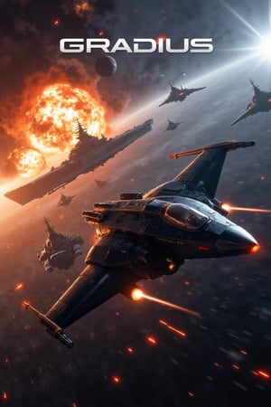  8k uhd, 4K, highres,high detail eyes, high detail hair, highres, ultra detailed,  Highly detailed,masterpiece, best quality, cinematic lighting, vibrant colors,A space fighter flies in the middle of a fierce battle, in the background there are huge battle cruisers and explosions, close up of the space fighter, blurred background, stars, title text "GRADIUS", planets